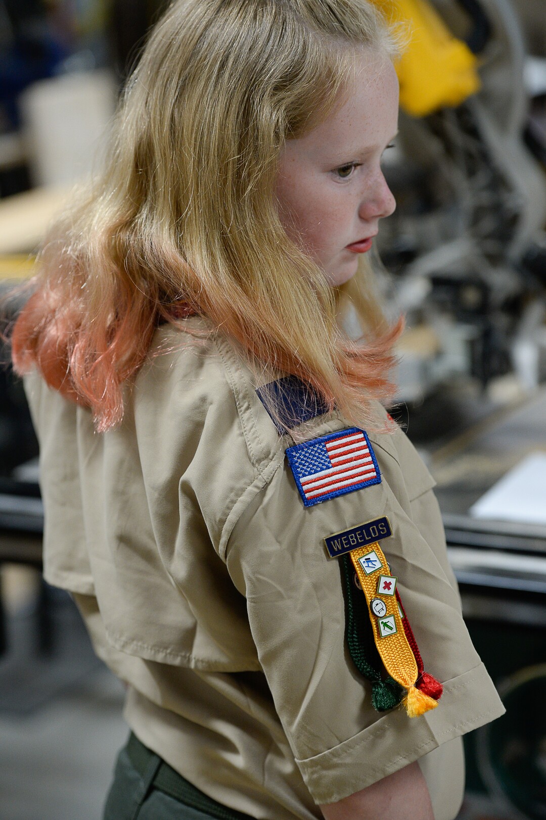 (Francisco Kjolseth  |  The Salt Lake Tribune)  Miriam Cook, 11, an early adopter into Cub Scouts spends time helping her older brother with his Eagle Scout project in the family garage in Tooele, Monday, May 15, 2018. Currently in Webelos, Miriam has a goal of getting her Arrow of Light badge, the bridge between Cub Scouts and Boy Scouts (which will change its name to Scouts BSA next February).