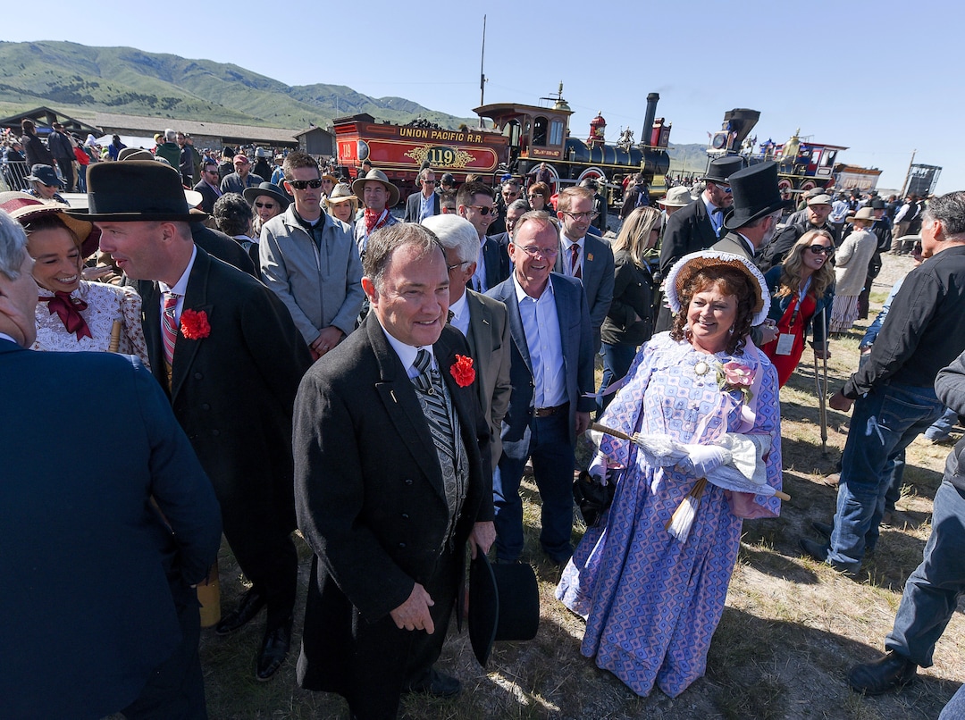 (Francisco Kjolseth  |  The Salt Lake Tribune)  Utah Governor Gary Herbert and his wife Jeanette attend the festivities on Friday May 10, 2019, in celebration of the 150th anniversary of the completion of the transcontinental railroad at Promontory Summit where the two rails met back on May 10, 1869.