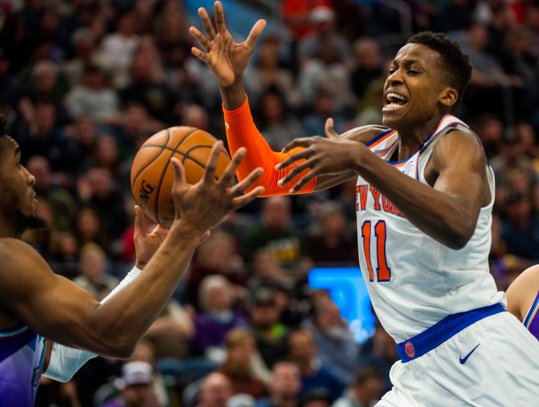 (Rick Egan  |  The Salt Lake Tribune)  Utah Jazz guard Donovan Mitchell (45) grabs the ball, as New York Knicks guard Frank Ntilikina (11) looses control, in NBA action between the Utah Jazz and the New York Knicks, in Salt Lake City, Wednesday, Jan. 8, 2020.