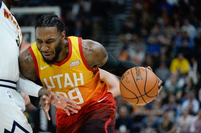 (Francisco Kjolseth  |  The Salt Lake Tribune)  Utah Jazz forward Jae Crowder (99) tries to push past the defense as the Utah Jazz host the Denver Nuggets in their NBA game at Vivint Smart Home Arena Tuesday, April 9, 2019, in Salt Lake City.