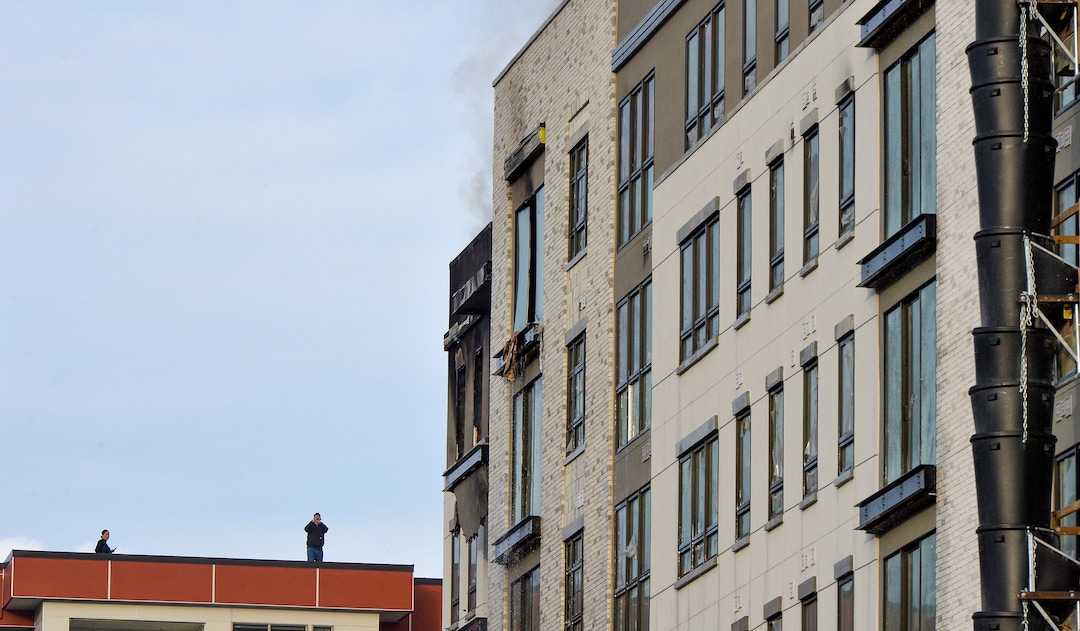 (Chris Samuels | The Salt Lake Tribune) Emergency crews continue to respond to a four-alarm fire in a new construction of apartment residences in Sugar House, Wednesday, Oct. 26, 2022.