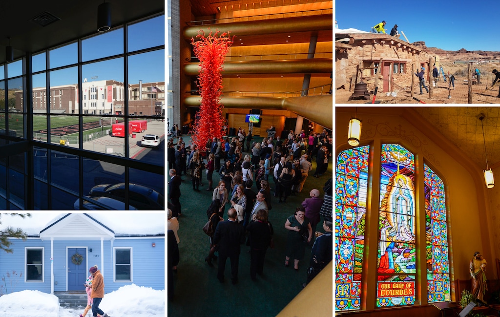 (The Salt Lake Tribune; Utah Department of Cultural & Community Engagement) Clockwise from top left, the most endangered buildings in the state, according to Preservation Utah: West High School; Abravanel Hall; Oljato trading post; Our Lady of Lourdes Catholic Church; and the Old Town neighborhood in Park City.