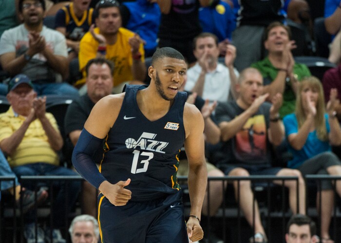 (Rick Egan  |  The Salt Lake Tribune)      The crowd reacts as Utah Jazz center Tony Bradley (13) brings the Jazz back within 4 points, in Utah Jazz summer league action between Utah Jazz and Memphis Grizzlies in Salt Lake City, Tuesday, July 3, 2018.