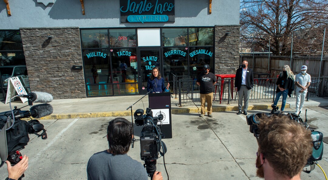 (Rick Egan | The Salt Lake Tribune) Salt Lake City Mayor Erin Mendenhall  encourages citizens to keep wearing masks, after the state mask mandate ends, during a news conference in front of  Santo Taco shop, Friday, March 19, 2021.