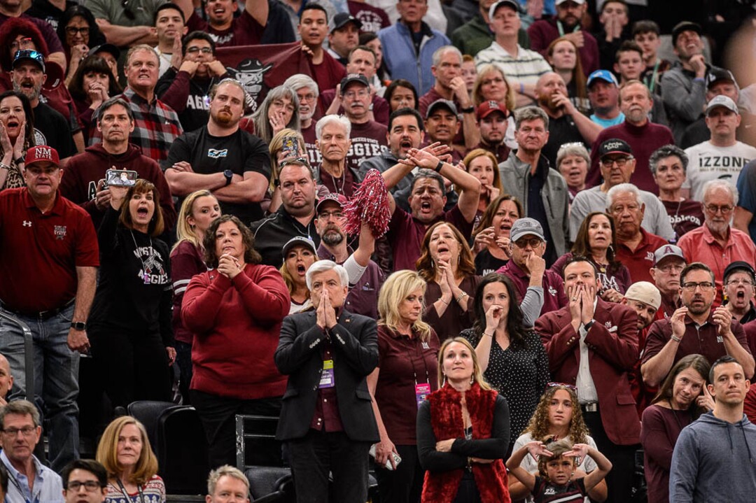 (Trent Nelson | The Salt Lake Tribune)  New Mexico State fans look on in the final seconds as Auburn faces New Mexico State in the 2019 NCAA Tournament in Salt Lake City on Thursday March 21, 2019.