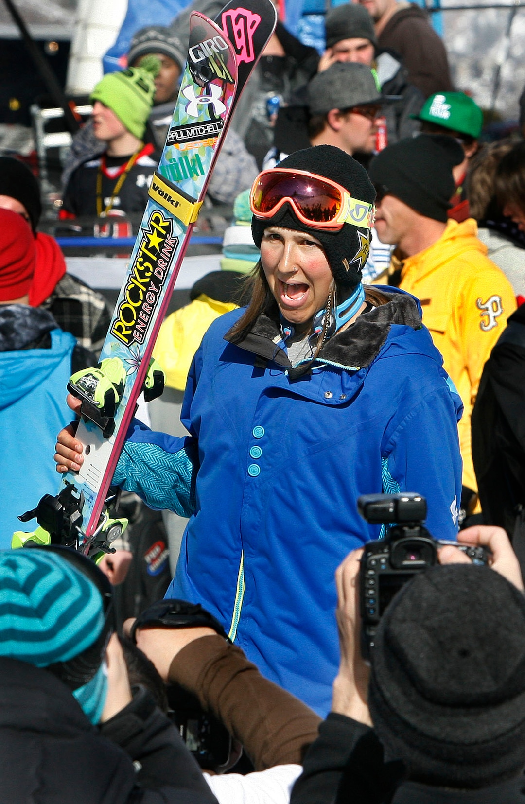 Scott Sommerdorf  |  The Salt Lake TribuneSalt Lake resident Jen Hudak on the winner's platform after her third place finish in the Women's Ski Superpipe at The Winter Dew Tour at Snow Basin, in Huntsville, Saturday, February 12, 2011. 