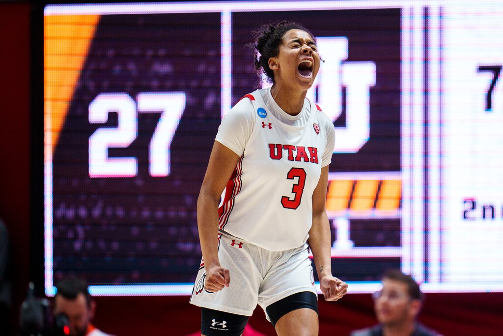 (Trent Nelson | The Salt Lake Tribune) Utah Utes guard Lani White (3) celebrates as Utah hosts Princeton, NCAA basketball in Salt Lake City on Sunday, March 19, 2023.