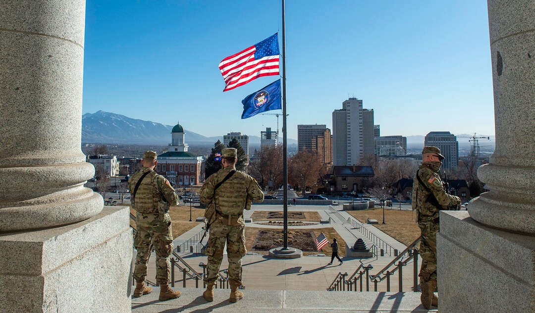 (Rick Egan | The Salt Lake Tribune) The National Guard stands guard at the top of the Capitol steps, on Tuesday Jan. 19, 2021.