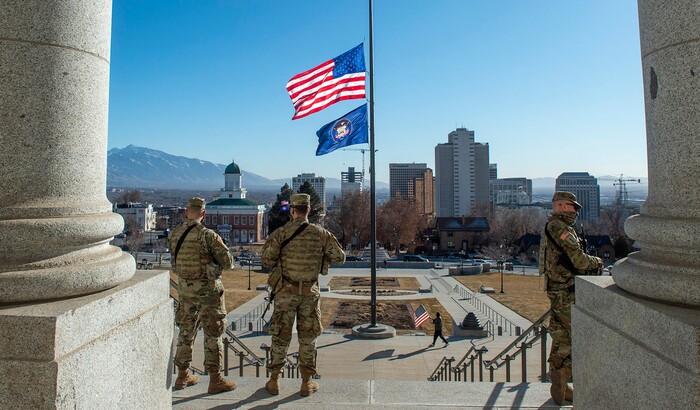 (Rick Egan | The Salt Lake Tribune) The National Guard stands guard at the top of the Capitol steps, on Tuesday Jan. 19, 2021.