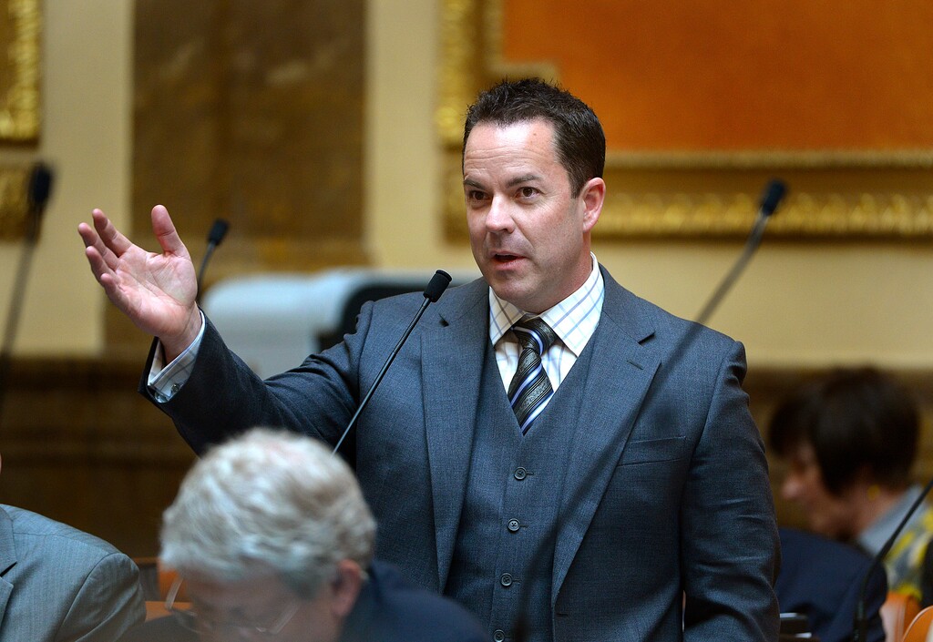 Scott Sommerdorf   |  The Salt Lake TribuneRep, Brad Wilson, R-Kaysville, speaks about his bill, SB41 - State Tree Change, in the House of Representatives, Wednesday, Feb. 19, 2014.