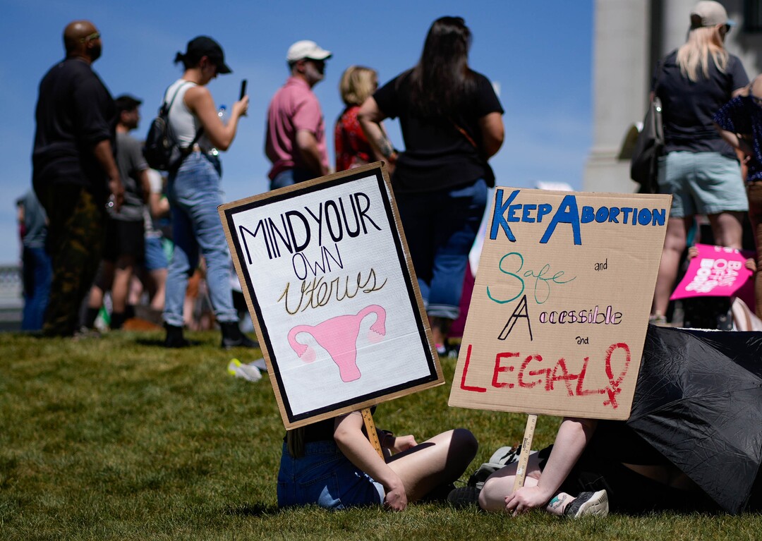 (Francisco Kjolseth | The Salt Lake Tribune) Protesters gather at the Utah Capitol for a “Bans Off Our Beehive” rally in support of abortion rights on Saturday, May 14, 2022.