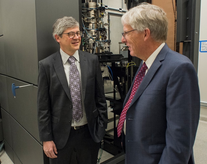(Rick Egan  |  The Salt Lake Tribune)     Markus Babst, Interim director of Eyring Center for Cell and Genome Science And Professor of Biology visits with Henry White, Dean of the College of Science, at the opening of the new Gary and Ann Crocker Science Center at the University of Utah, Thursday, April 19, 2018.


