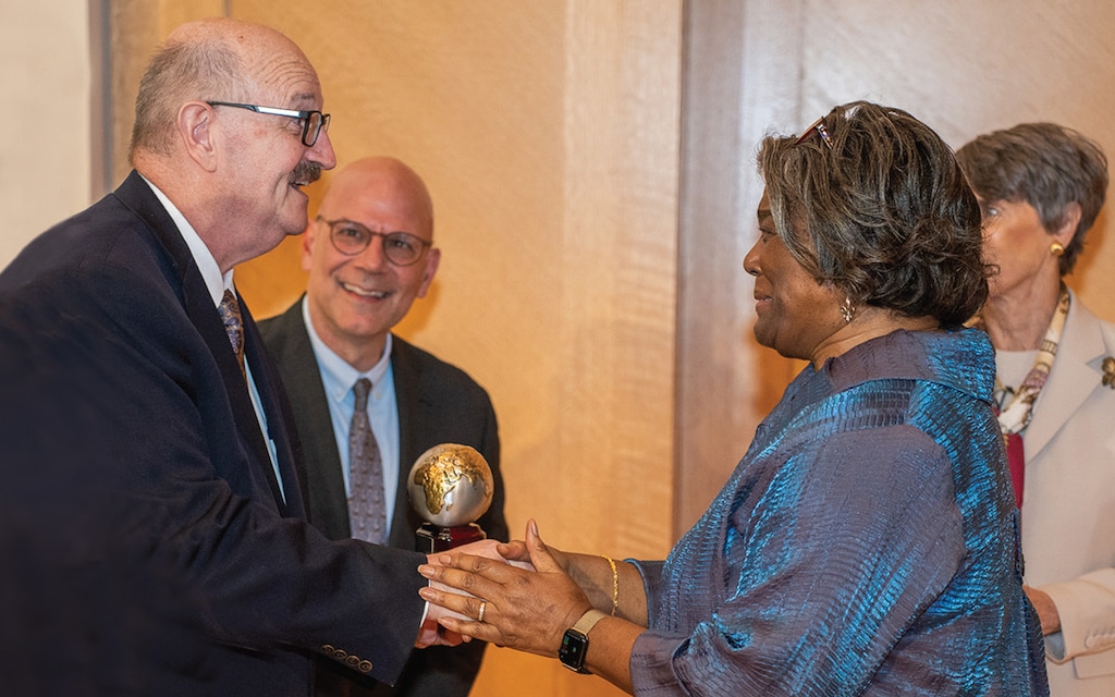 (John Dinkelman) John Dinkelman, left, gives an American Foreign Service Association award to Linda Thomas-Greenfield.