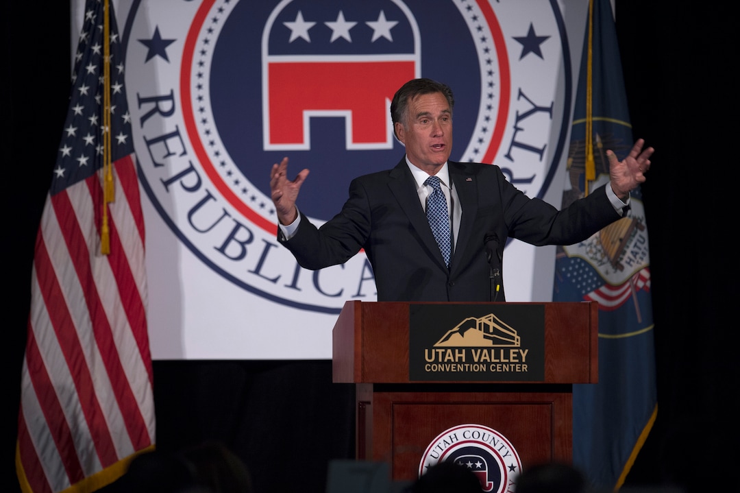 Scott Sommerdorf | The Salt Lake TribuneFormer Republican presidential candidate Mitt Romney speaks at the 2018 Utah County Republican Party Lincoln Day Dinner.