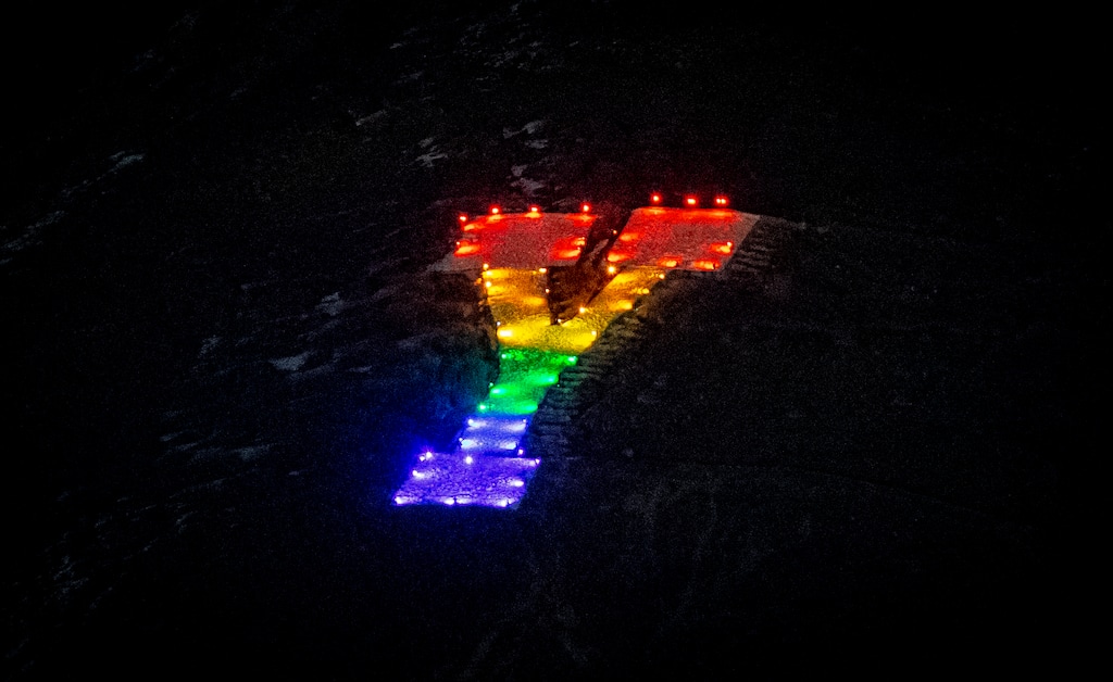 (Isaac Hale | Special to The Tribune) The Y on Y Mountain east of Provo is lit in rainbow-flag colors to show support for the LGBTQ+ community on Thursday, March 4, 2021.