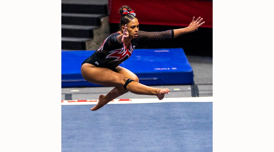 (Rick Egan | The Salt Lake Tribune)   Jaedyn Rucker competes on the floor, in PAC-12 gymnastics action between The University of Washington and The University of Utah at Jon M. Huntsman Center in Salt Lake City, on Saturday, Jan. 30, 2021.