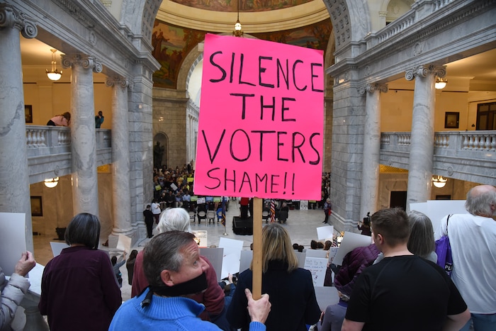 (Francisco Kjolseth  |  The Salt Lake Tribune)  Eric Wilson expresses his sentiments as he joins over 300 demonstrators in the Capitol rotunda on Monday, Jan, 28, 2019, on the first day of the Legislative session to rally in support of protecting Proposition 3, the Medicaid Expansion law recently passed by voters.