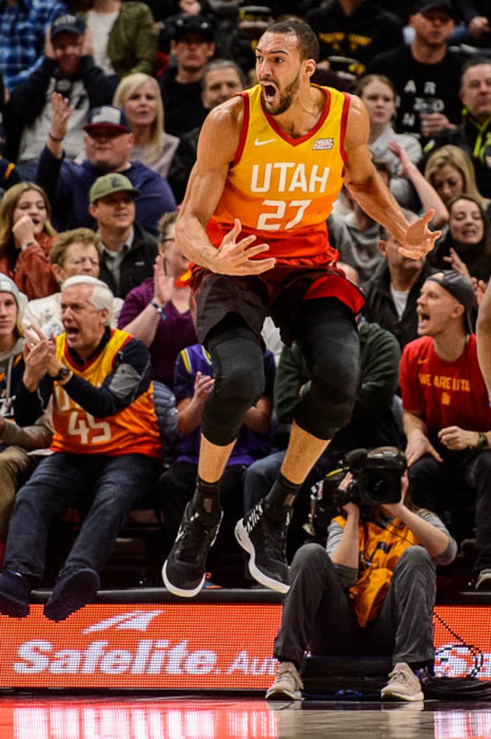 (Trent Nelson | The Salt Lake Tribune)  
Utah Jazz center Rudy Gobert (27) looks for a call as the Utah Jazz host the San Antonio Spurs, NBA basketball in Salt Lake City on Saturday Feb. 9, 2019.