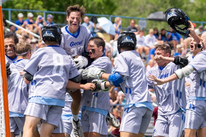(Rick Egan | The Salt Lake Tribune) Pleasant Grove celebrates their win over Viewmont, in the Division C championship game between the Viewmont Vikings and the Pleasant Grove Vikings, in Layton, on
Saturday, May 29, 2021.