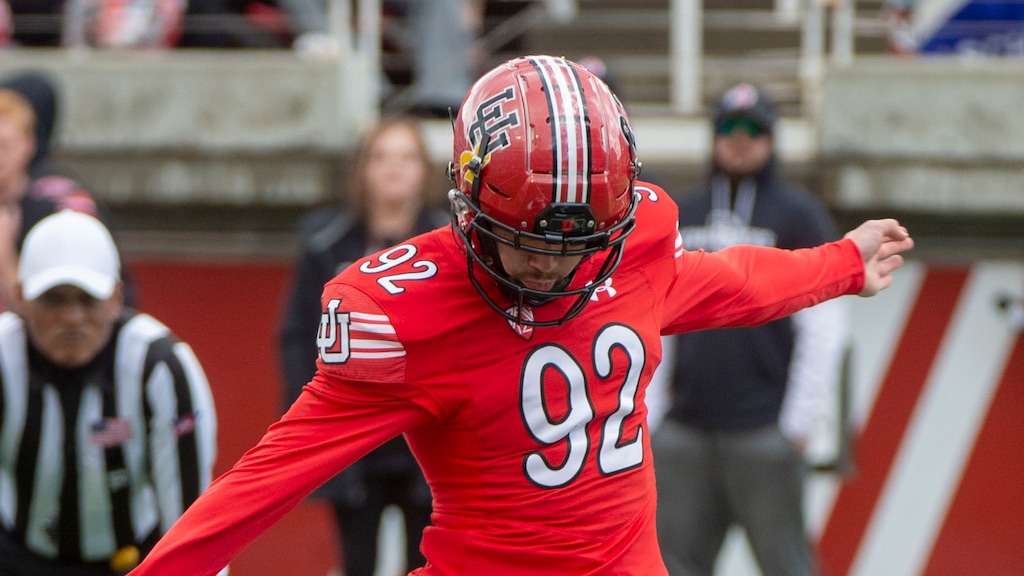 (Rick Egan  |  The Salt Lake Tribune)  Utah freshman Jadon Redding attempts a field goal in Utah's spring Red-White game at Rice-Eccles Stadium, Saturday, April 13, 2019. Redding wore No. 92 in the spring before switching to No. 97 in preseason camp.