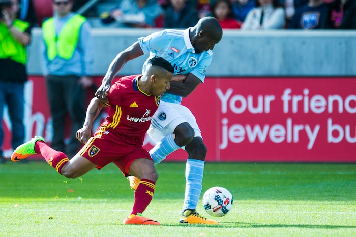(Chris Detrick  |  The Salt Lake Tribune)  Real Salt Lake forward Joao Plata (10) and Sporting Kansas City defender Ike Opara (3) during the game at Rio Tinto Stadium Sunday, October 22, 2017.  