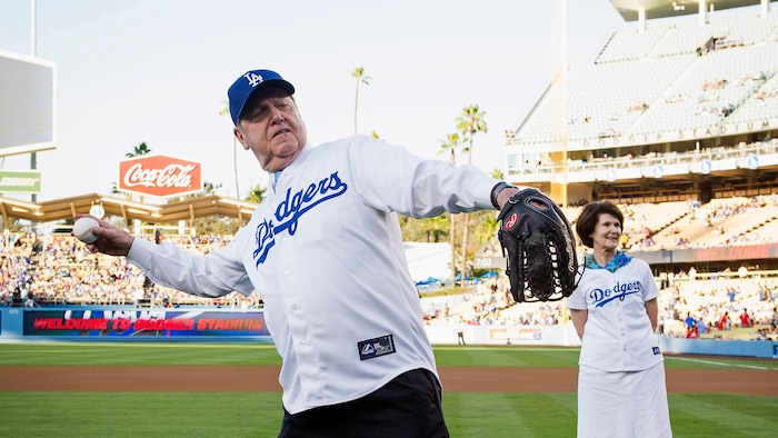 (The Church of Jesus Christ of Latter-day Saints) Jeffrey R. Holland throws out the first pitch of a Los Angeles Dodgers game in 2013.