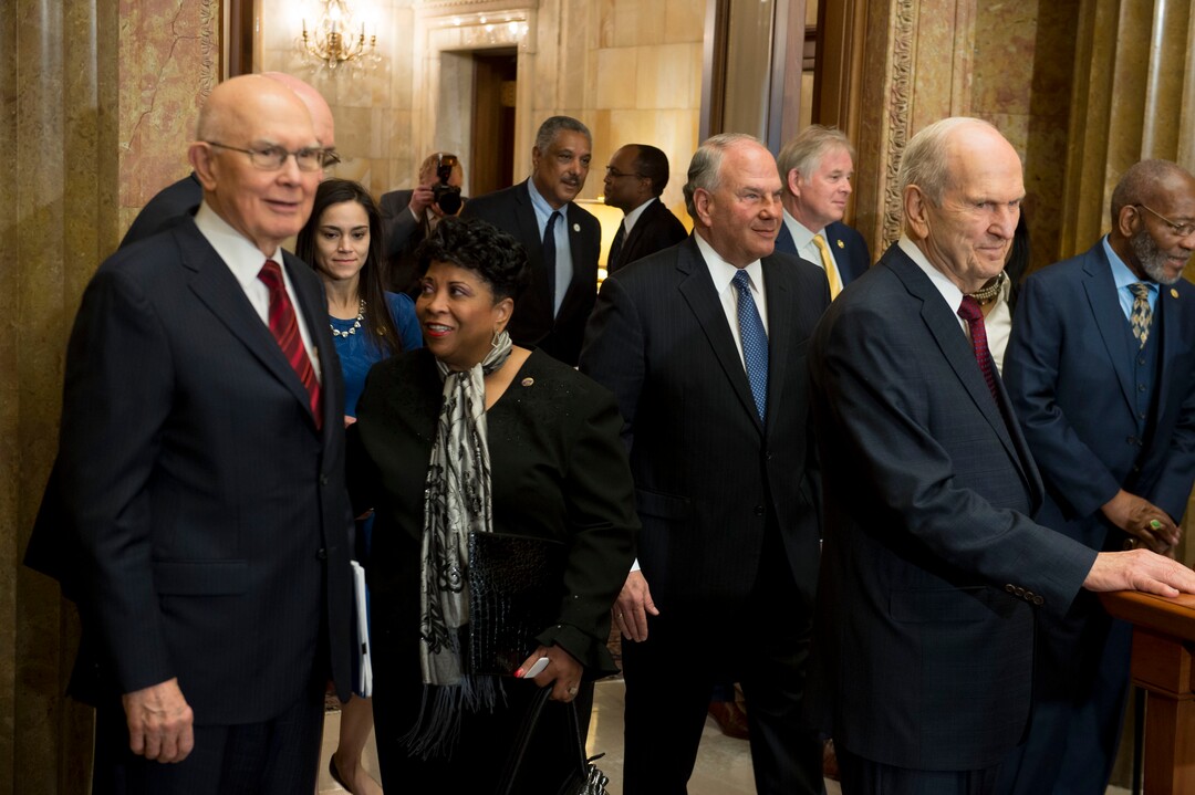 (Jeremy Harmon  |  The Salt Lake Tribune) President Russell M. Nelson enters the room with NAACP leaders and other LDS Church leaders during an event on May 17, 2018, where the two groups discussed the need for greater civility and called for an end to prejudice. 