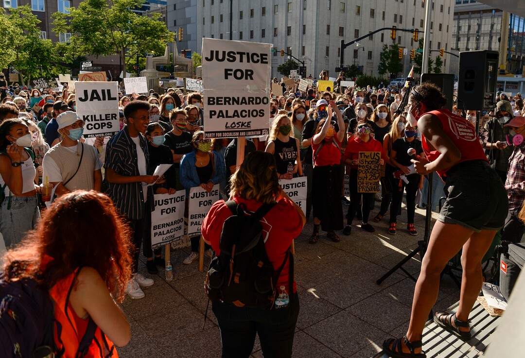(Leah Hogsten  |  The Salt Lake Tribune) The Party for Socialism and Liberation Salt Lake joined Salt Lake Equal Rights Movement at the Wallace Bennett Federal Building in solidarity with the Black Lives Matter movement, June 9, 2020. 
