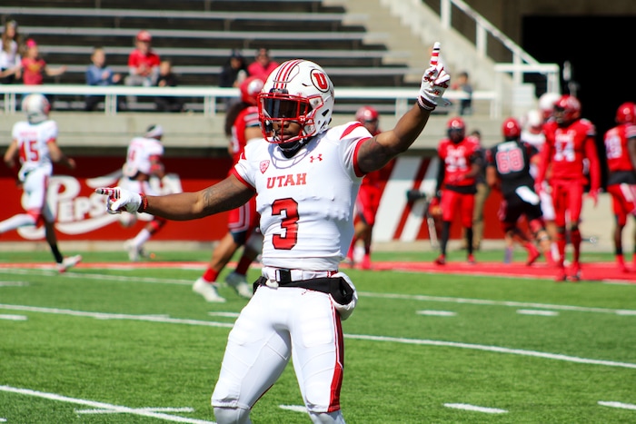 (Christopher Kamrani | The Salt Lake Tribune) Utah wide receiver Demari Simpkins celebrates Jake Jackson's 49-yard touchdown in the second quarter of the Utah Red-White game Saturday afternoon at Rice-Eccles Stadium.