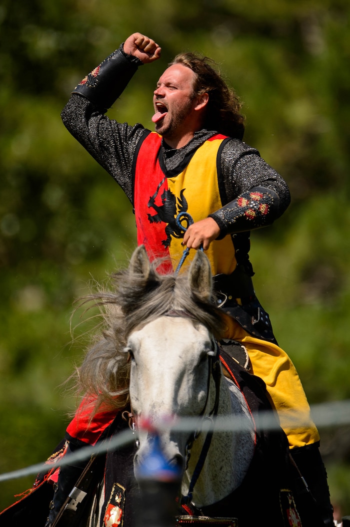 (Trent Nelson  |  The Salt Lake Tribune)  Josh Avery makes his entrance as the Knights of Mayhem put on a jousting competition at the Utah Renaissance Faire at Thanksgiving Point in Lehi on Friday Aug. 23, 2019.