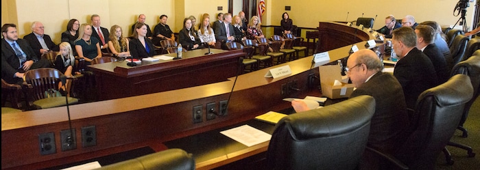 (Steve Griffin  |  The Salt Lake Tribune) Utah Supreme Court nominee Paige Petersen makes a personal statement during her Senate Judicial Confirmation committee hearing at the State Capitol in Salt Lake City Monday November 13, 2017. Paige was joined by family and friends during the hearing.