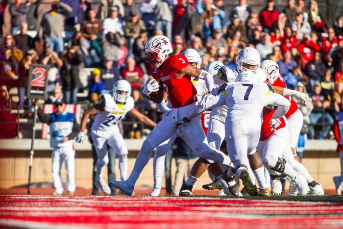 Southern Utah quarterback Patrick Tyler (3) rushes for a touchdown during an NCAA college football game Saturday, Nov. 18, 2017, in Cedar City, Utah. Southern Utah defeated Northern Arizona 48-20 to claim a share of the Big Sky Conference title. (Jordan Allred/The Spectrum via AP)