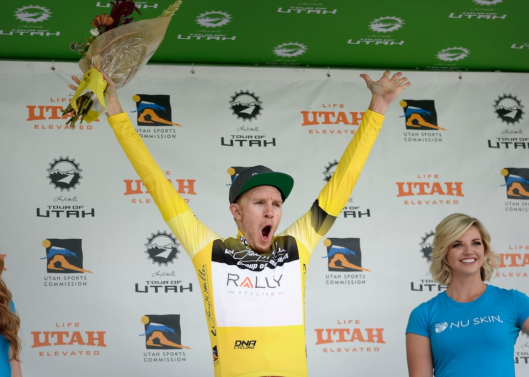 (Scott Sommerdorf   |  The Salt Lake Tribune)   Canadian Robert Britton yells as he is presented on the podium as the winner of the 2017 Tour of Utah, Sunday, August 6, 2017.