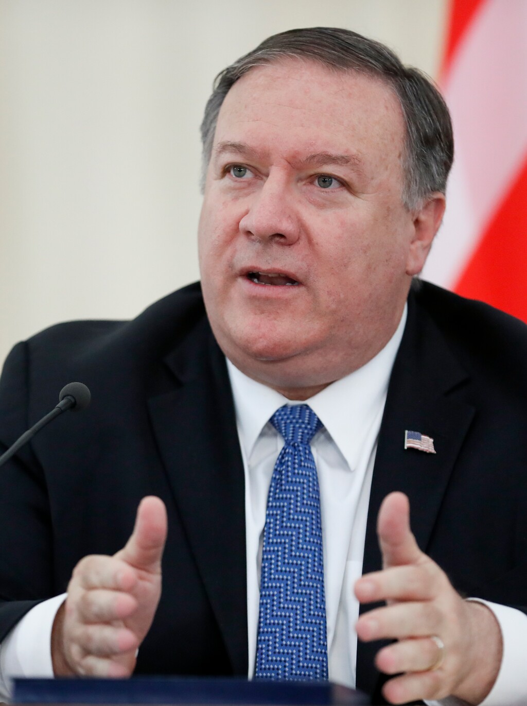 U.S. Secretary of State Mike Pompeo gestures while speaking during his and Russian Foreign Minister Sergey Lavrov joint news conference following the talks in the Black Sea resort city of Sochi, southern Russia, Tuesday, May 14, 2019. Pompeo's first trip to Russia starts Tuesday in Sochi, where he and Russian Foreign Minister Sergey Lavrov are sitting down for talks and then having a joint meeting with President Vladimir Putin. (AP Photo/Pavel Golovkin, Pool)