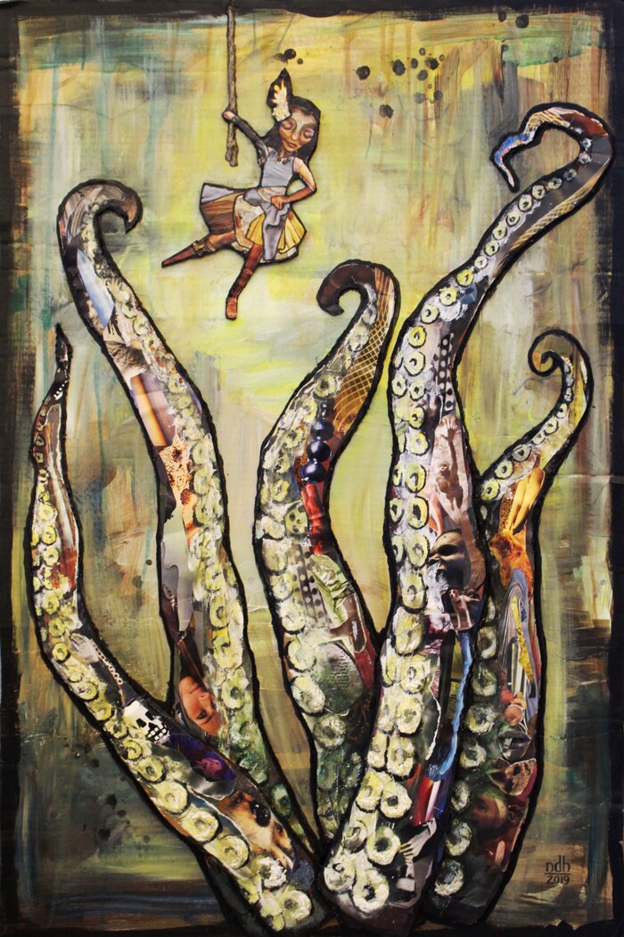 (Courtesy of Natasha Hoffman ) Artist Natasha Hoffman's collage piece of a girl precariously swinging over octopus’ tentacles. Hoffman entered her piece into the November 2019 Connect competition at the Urban Arts Gallery in The Gateway in Salt Lake City.