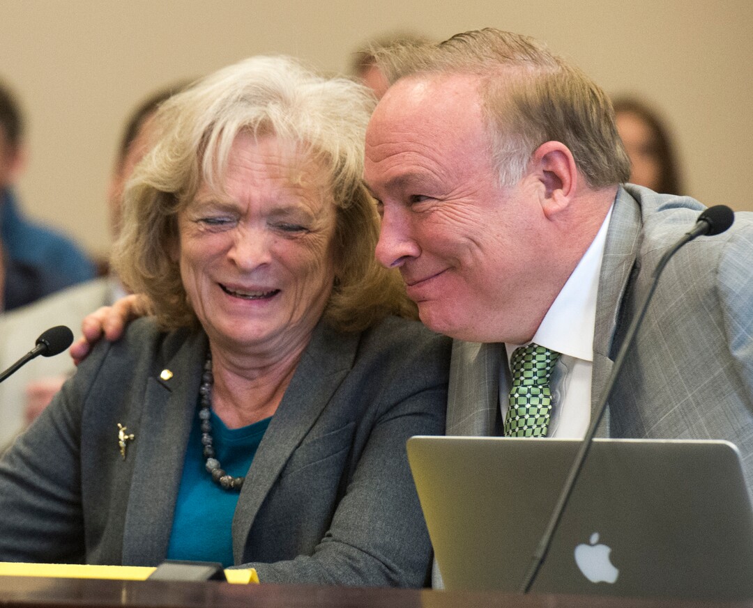 (Rick Egan  |  The Salt Lake Tribune)   Sen. Jim Dabakis gives Gayle Ruzicka, Utah Eagle Forum, a hug, as she speaks in support of his bill, SJR16 during a Senate Education Committee meeting at the Capitol, Friday, March 2, 2018.