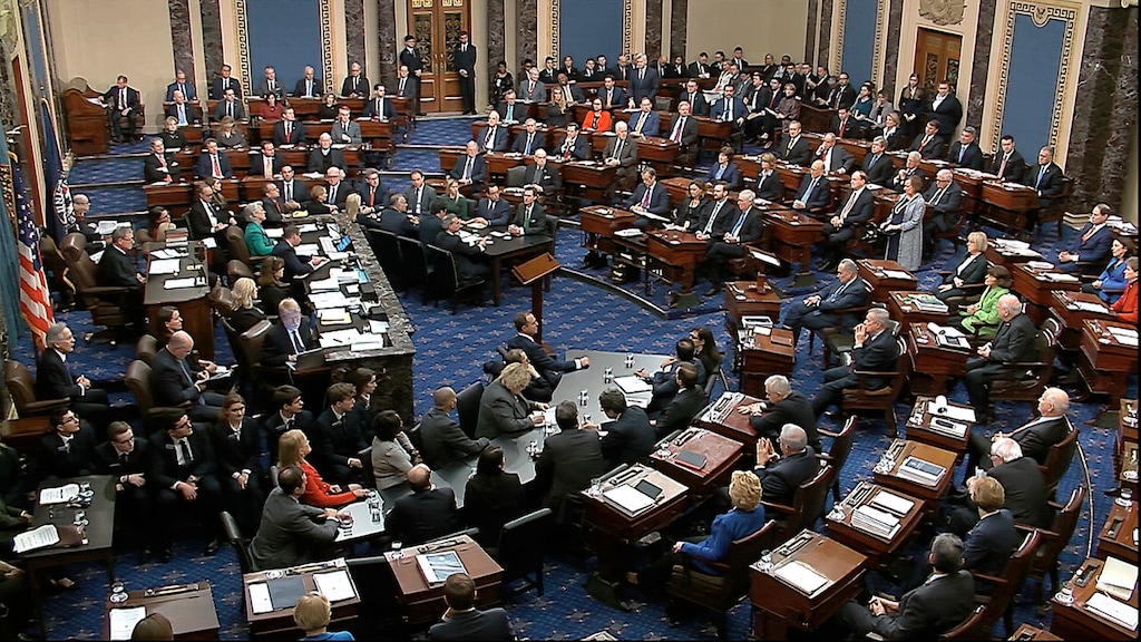 (Senate Television via AP) In this image from video, Senators vote on the first article of impeachment during the impeachment trial against President Donald Trump in the Senate at the U.S. Capitol in Washington, Wednesday, Feb. 5, 2020.