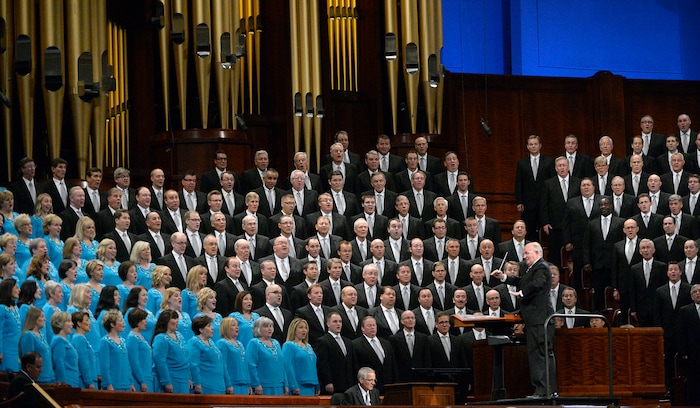 (Al Hartmann  |  The Salt Lake Tribune) 	
Conductor Mack Wilberg leads the Mormon Tabernacle Choir in song during General Conference Sunday Oct. 1 2017. 