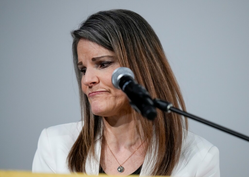 (Bethany Baker  |  The Salt Lake Tribune) Utah State Board of Education member Natalie Cline speaks during the Salt Lake County GOP convention in Murray on Saturday, April 13, 2024.