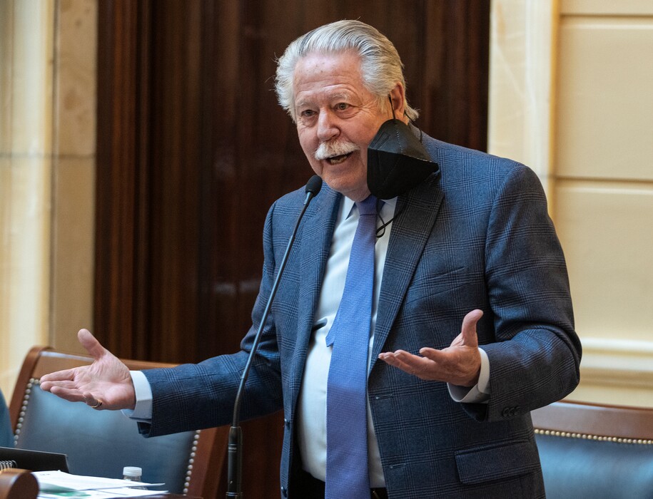 (Leah Hogsten | The Salt Lake Tribune) Sen. Gene Davis, D-Salt Lake City, discusses a bill during the Legislative session, Jan. 28, 2022. After the conclusion of an investigation by the Utah Senate into sexual misconduct allegations by Davis, the longtime state senator was removed from his committee assignments on Oct. 19, 2022.