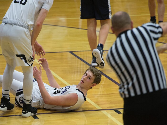 Scott Sommerdorf | The Salt Lake TribuneRiverton's Richie Saunders cannot believe he was called for a block during second half play. Copper Hills defeated Riverton 54-50, Friday, February, 2, 2018. 