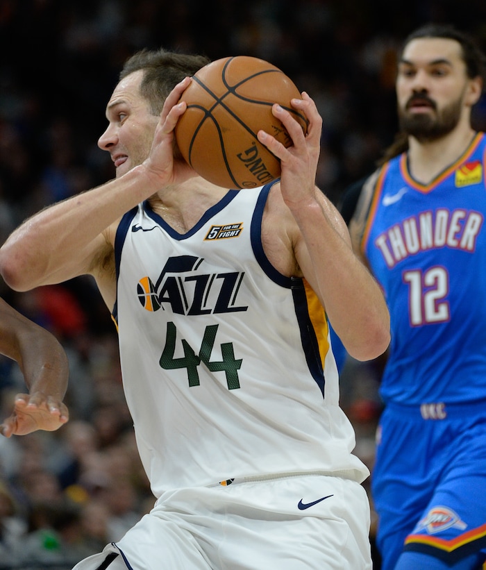 (Francisco Kjolseth  |  The Salt Lake Tribune)  Utah Jazz forward Bojan Bogdanovic (44) drives to the basket as the Utah Jazz host the Oklahoma City Thunder in their NBA basketball game at Vivint Smart Home Arena in Salt Lake City on Mon. Dec. 9, 2019.