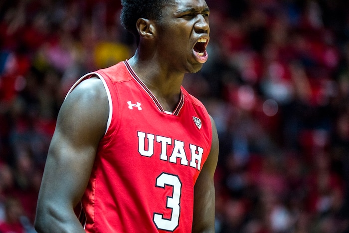 (Chris Detrick  |  The Salt Lake Tribune)  Utah Utes forward Donnie Tillman (3) celebrates after scoring on a fast break during the game at the Jon M. Huntsman Center Thursday, November 16, 2017.   