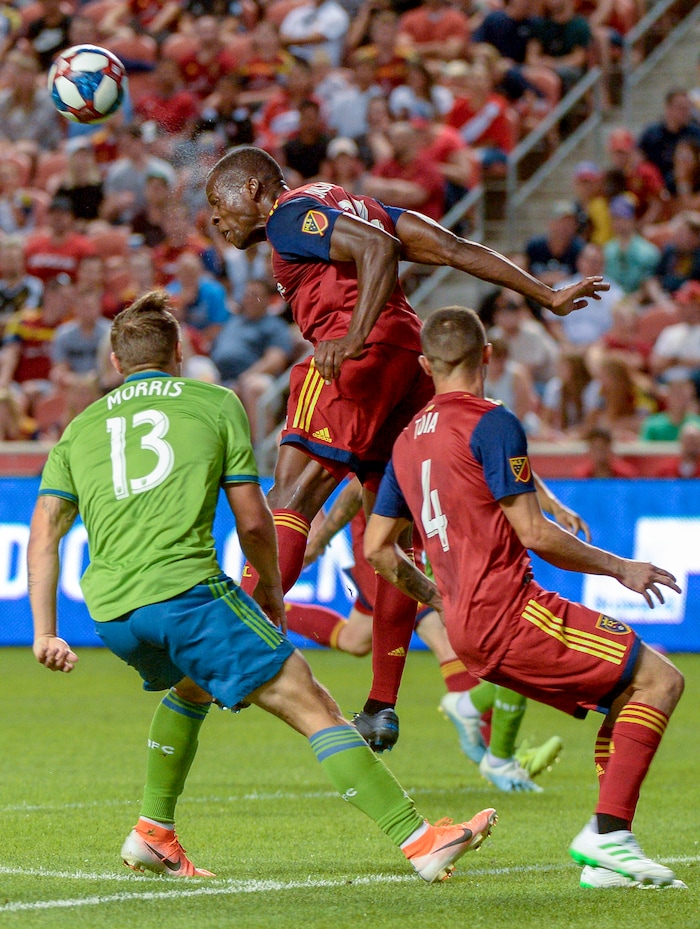 (Leah Hogsten  |  The Salt Lake Tribune) Real Salt Lake defender Nedum Onuoha (14) brings a defensive header as Real Salt Lake hosts the Seattle Sounders, Aug. 14, 2019, at Rio Tinto Stadium in Sandy. RSL defeated the Sounders 3-0.