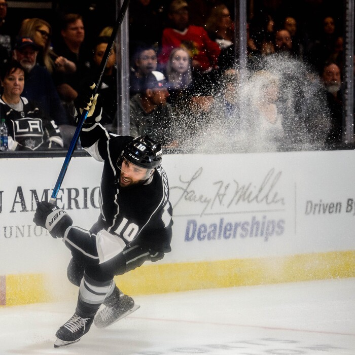 (Trent Nelson  |  The Salt Lake Tribune)  Los Angeles Kings center Michael Amadio (10) celebrate a goal as the Los Angeles Kings face the Vancouver Canucks, NHL hocket in Salt Lake City on Saturday Sept. 21, 2019.
