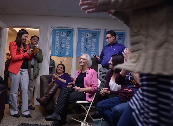 (Leah Hogsten  |  The Salt Lake Tribune) "I'm going to go back to gerrymandering work," said Utah's 3rd Congressional District Democratic candidate Kathie Allen after conceding the race, drawing laughter and applause at her election night party headquarters November 7, 2017 in Holladay.  Allen faced faced Republican Provo Mayor John Curtis and the new United Utah Party’s Jim Bennett, as well as a handful of independent and third-party candidates in Tuesday, Nov. 7 special election after former Rep. Jason Chaffetz vacated the seat.