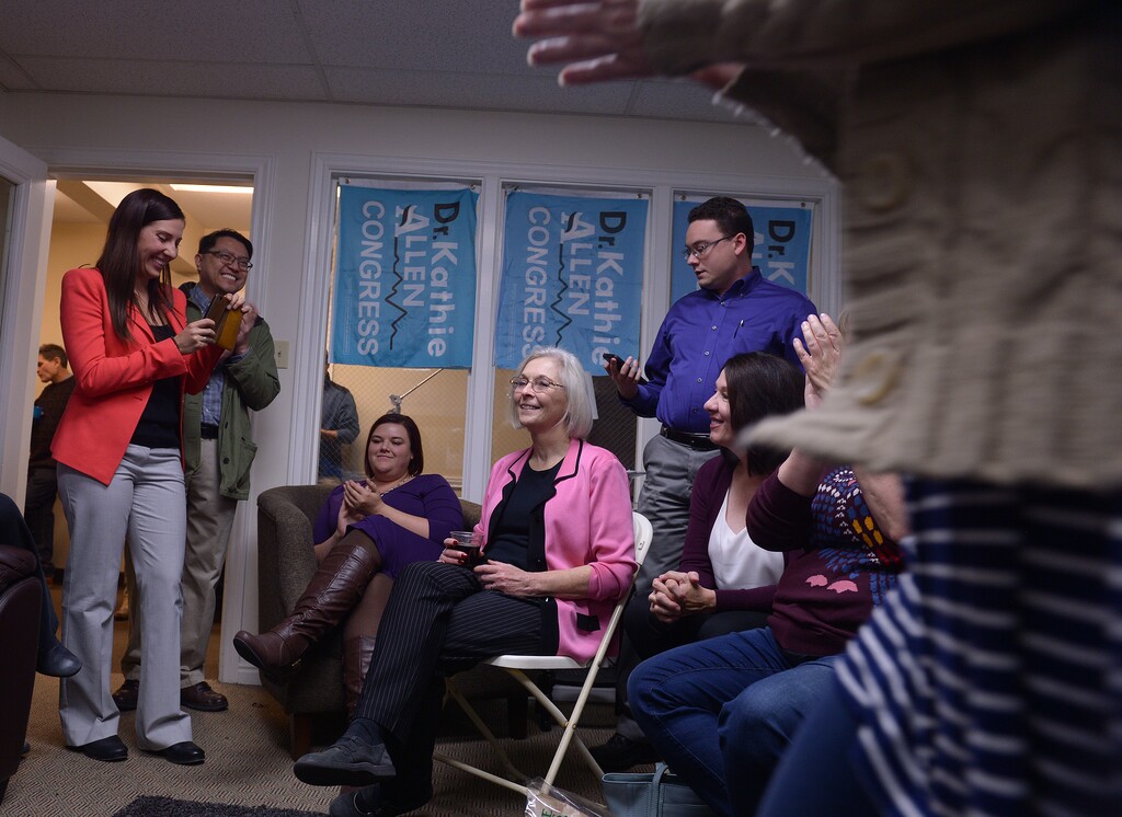 (Leah Hogsten | The Salt Lake Tribune) "I'm going to go back to gerrymandering work," said Utah's Third Congressional District's democrat candidate Dr. Kathie Allen after conceding the race, drawing laughter and applause at her election night party headquarters November 7, 2017 in Holladay. Allen faced faced Republican Provo Mayor John Curtis and the new United Utah Party’s Jim Bennett, as well as a handful of independent and third-party candidates in Tuesday, Nov. 7 special election after former Rep. Jason Chaffetz’s vacated his Third Congressional District seat.