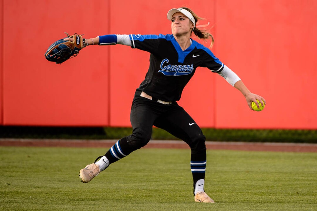 (Trent Nelson | The Salt Lake Tribune)  Utah Utes host the BYU Cougars, NCAA softball in Salt Lake City, Wednesday April 18, 2018. BYU outfielder Brooke Vander Heide (1).