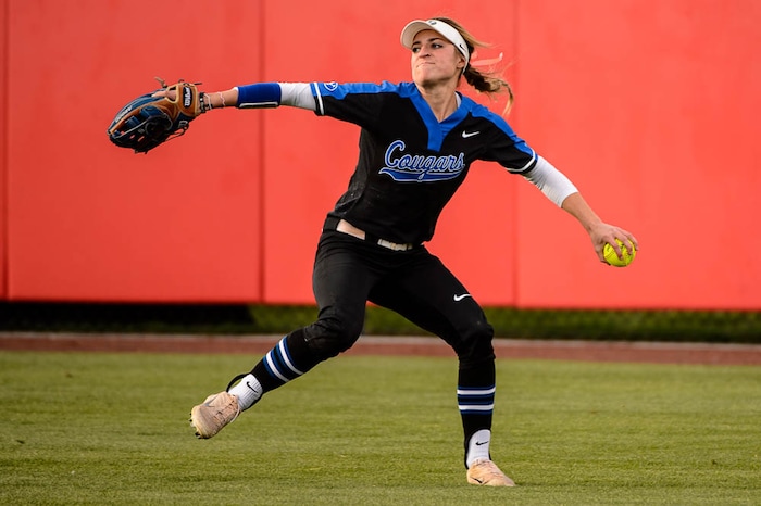 (Trent Nelson | The Salt Lake Tribune)  Utah Utes host the BYU Cougars, NCAA softball in Salt Lake City, Wednesday April 18, 2018. BYU outfielder Brooke Vander Heide (1).