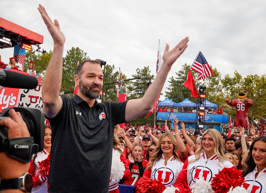 (Chris Samuels | The Salt Lake Tribune) Utah mens basketball head coach Alex Jensen on the set of Fox’s Big Noon Kickoff before Utah plays Texas Tech in Salt Lake City, Saturday, Sept. 20, 2025.